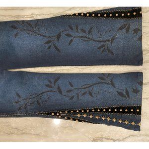 BrazilRoxx:  Ornate flare denim jeans, velvet and studs, Size 4, LONG 41" length